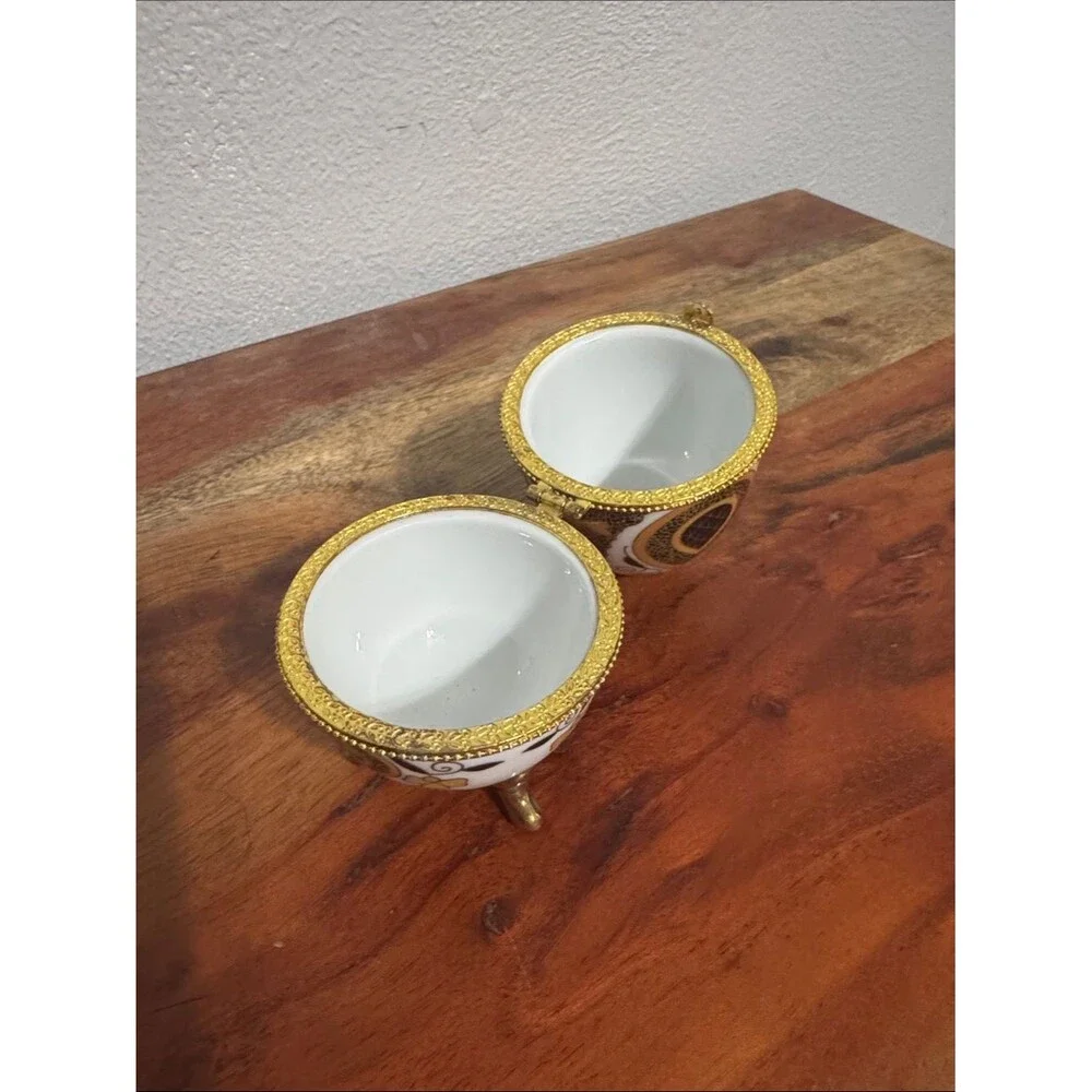 Vintage Limoges Style Footed Porcelain Egg Trinket Box Gold Gilt Hinged Jewelry